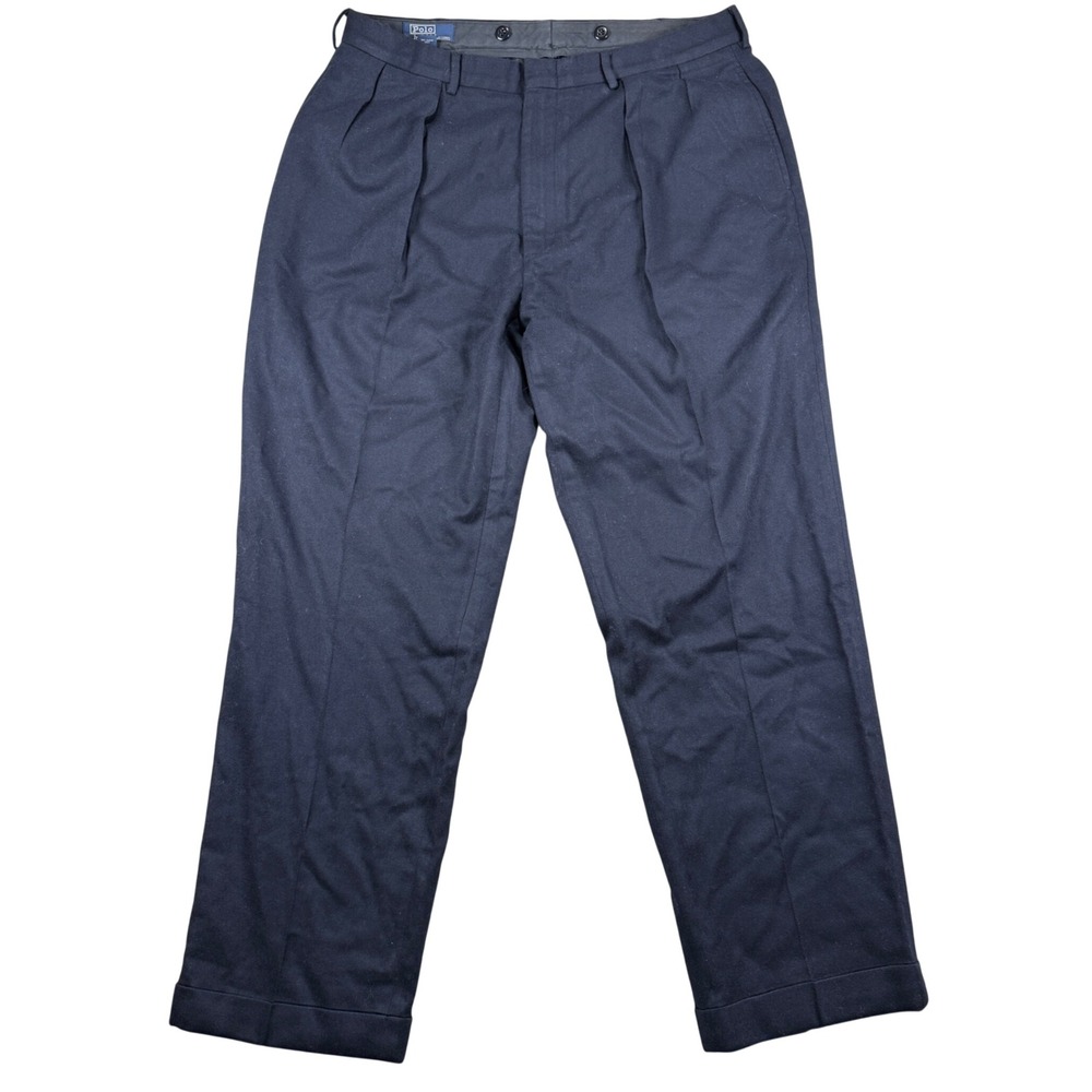 Polo Ralph Lauren Dress Pants Men 40x32 Navy Blue Pleated Cuffed 100% Wool